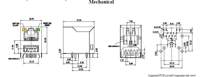 Shielded RJ45 Female Connector With One USB Modular Jack And Network Socket