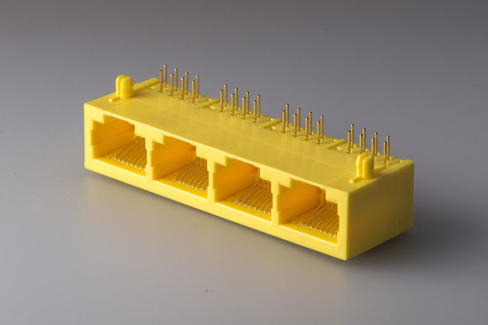 Plastic  90 degree Female Ethernet Connector , RJ45 Network Jack 8P8C 1 X 4 Port  Color Yellow